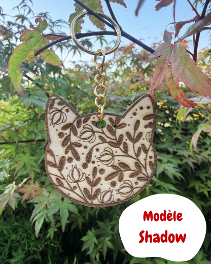 🐱 Porte-clé tête de chat en bois – Motif floral