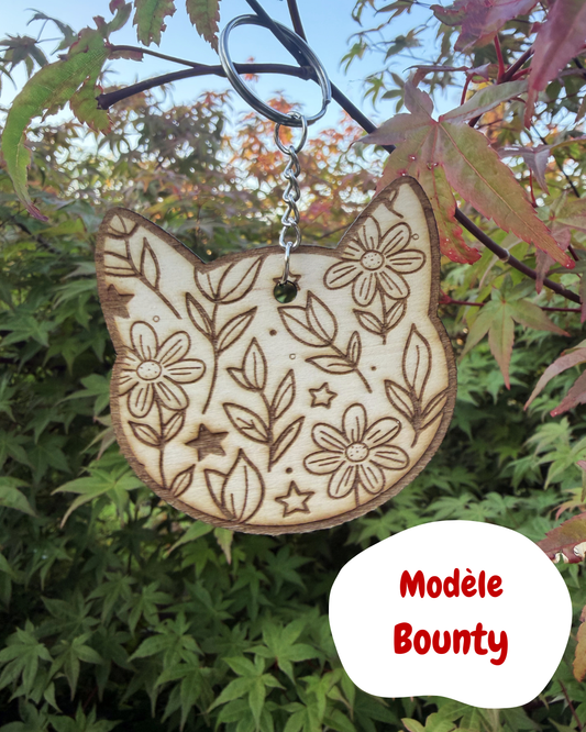 🐱 Porte-clé tête de chat en bois – Motif floral