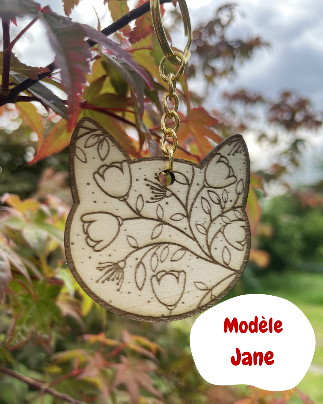 🐱 Porte-clé tête de chat en bois – Motif floral