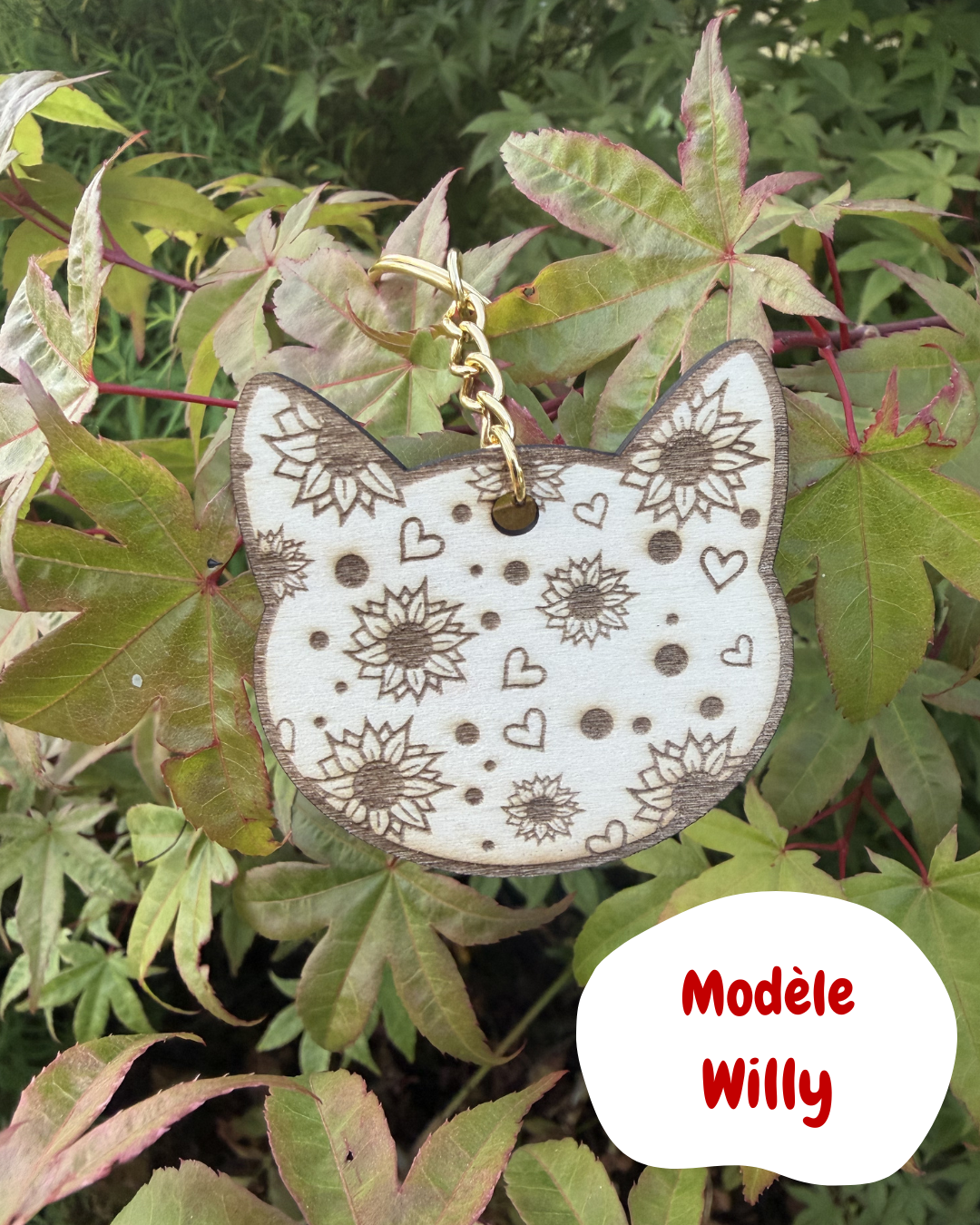 🐱 Porte-clé tête de chat en bois – Motif floral